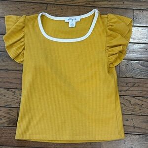 Ally B Yellow Ribbed Tee with White Scoop Trim and Ruffle Sleeves